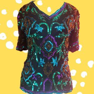 70s/80s Vintage Jewel Sequin Beaded Silk Blouse